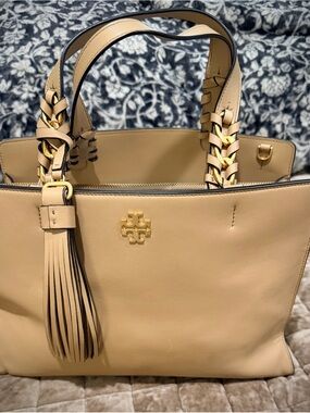 Tory Burch Tan Leather Tote with Tassel and Braided Handles